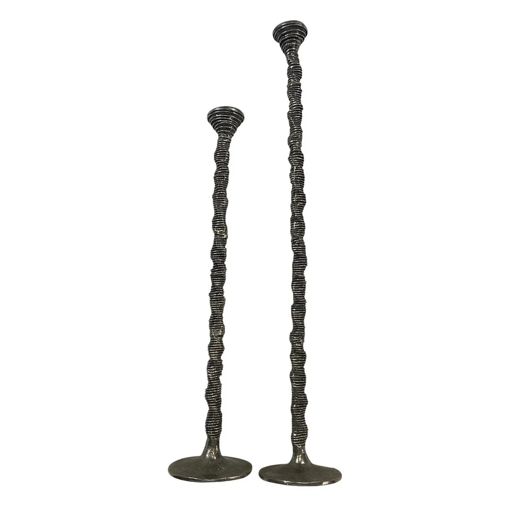 Patrick Meyer Brutalist Pewter Candlesticks Set of 2 Textured‎ Modernist Silver